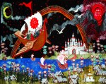 The inset of a quilt illustrating the Russian story of the flying boat, modeled on a Russia laquer box