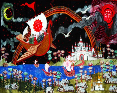 The inset of a quilt illustrating the Russian story of the flying boat, modeled on a Russia laquer box