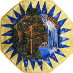 A Timtex octagon with a yellow background and blue sun rays surround a forest and a pool fed by a string waterfall. Above the surface flies an eagle