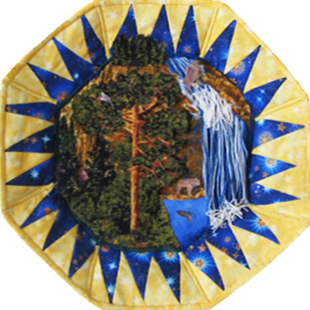 A Timtex octagon with a yellow background and blue sun rays surround a forest and a pool fed by a string waterfall. Above the surface flies an eagle