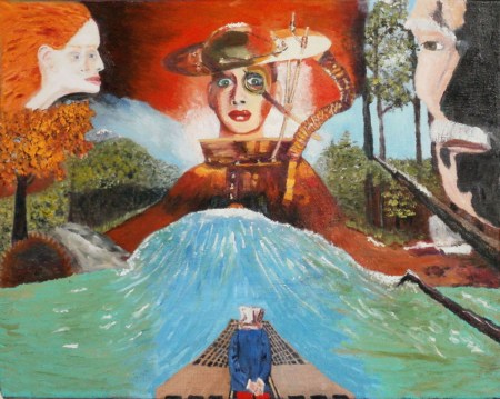A man with a hood over his head sails blythly down a swift-moving stream, unaware and unconcerned that he's cruising to a fiery doom. He is watched, but is it by gods or monsters, or does that refer to us?