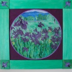 A grass green frame with square Iris insets at the corners surrounds a garden of Irises which sit before Penobscot Bay. Can you find the ladybug?